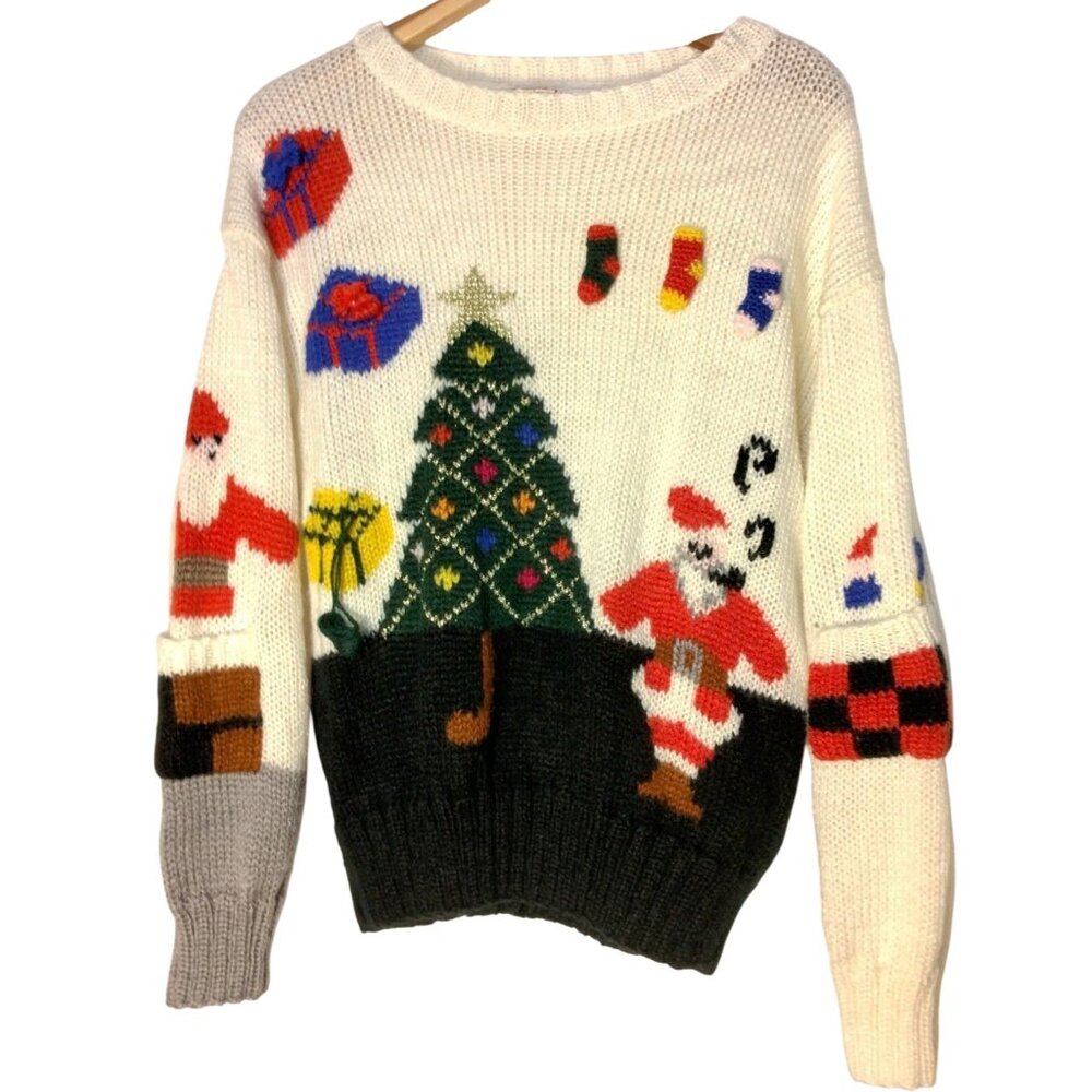 Vintage Fetagetti Chrsitmas Sweater M Santa Smoking Pipe Tree Novelty Holiday